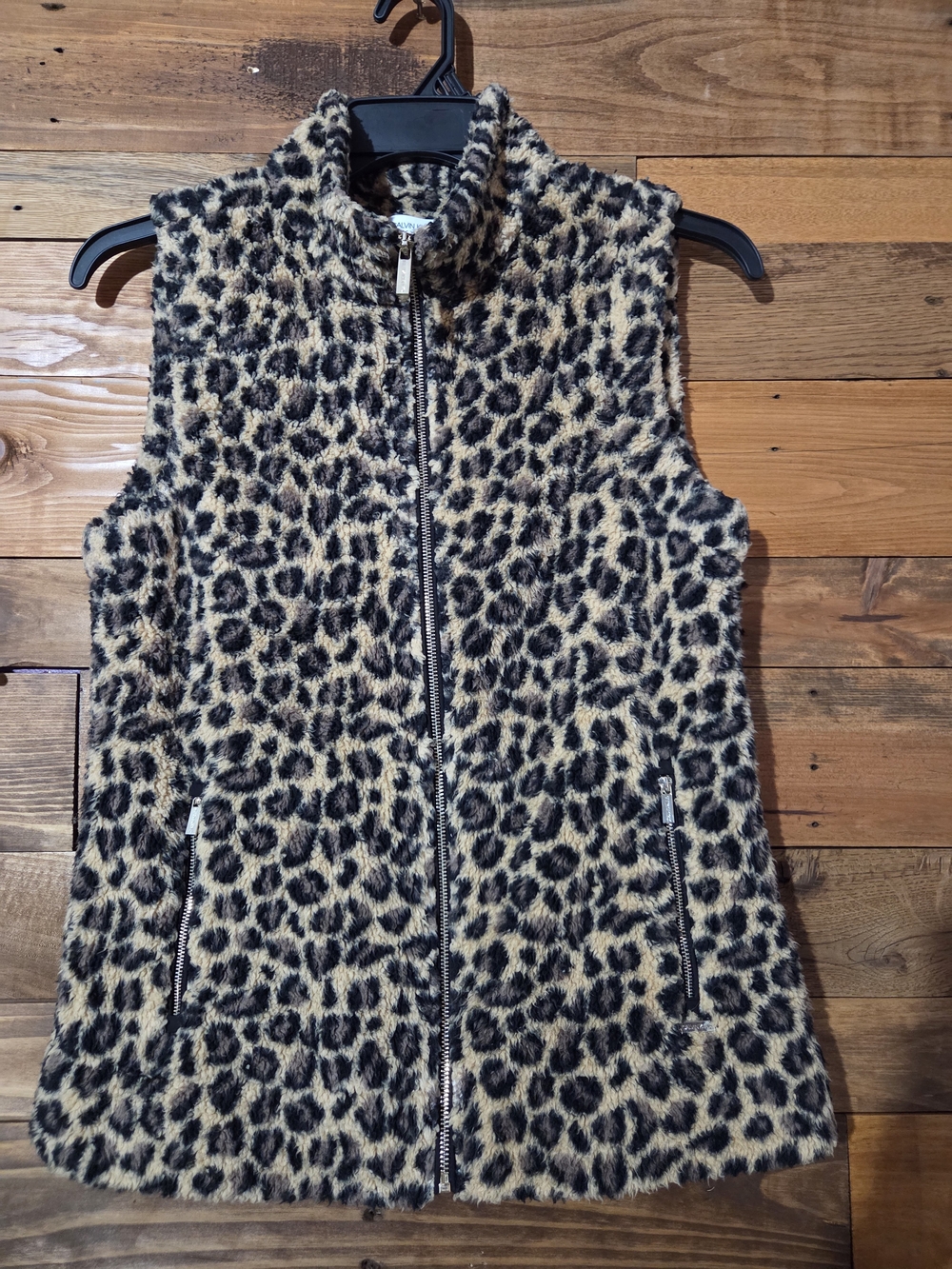 Calvin Klein Vest Leopard Print Sherpa Teddy Fleece Full Zip Cozy Pockets Sz S